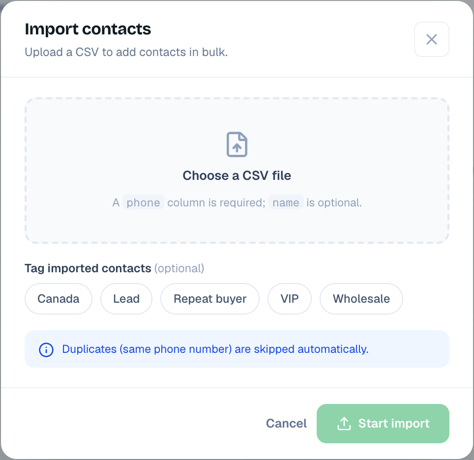 Import contacts dialog with CSV upload and tags