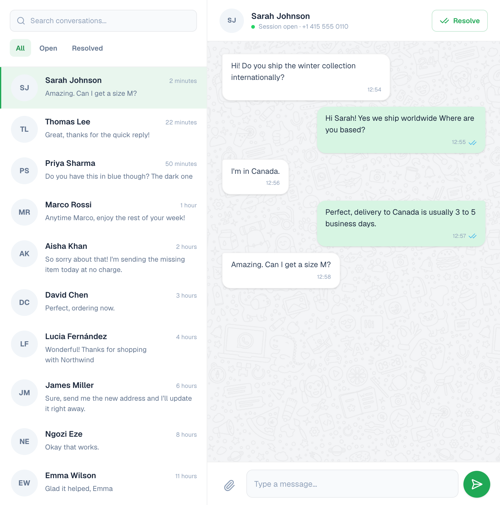 Conversation list and an open chat in the shared inbox