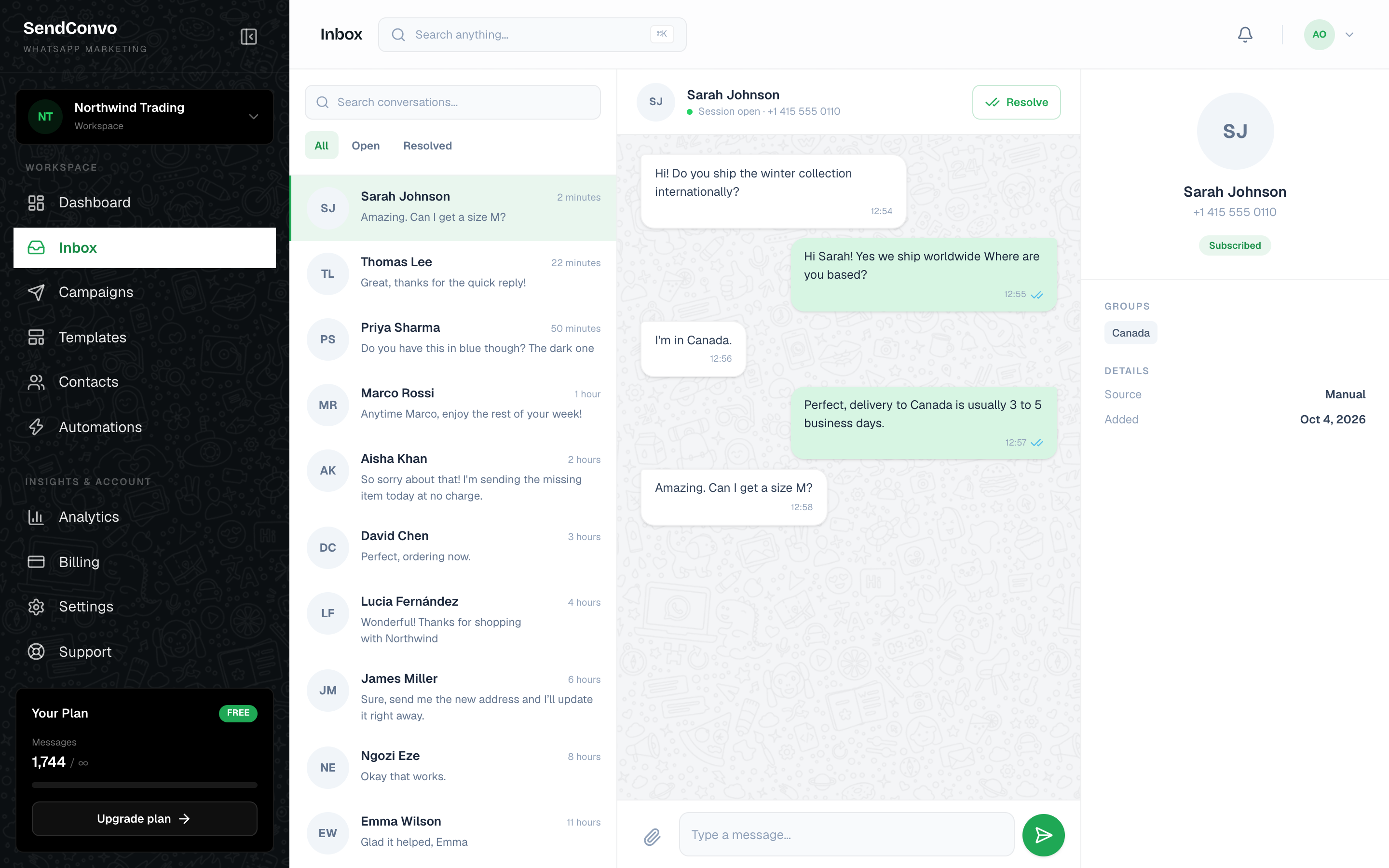 SendConvo shared inbox with a WhatsApp conversation open